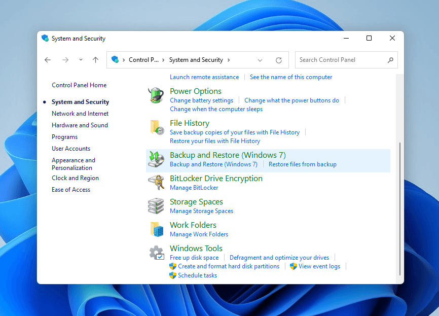 selecting Backup and Restore in Control Panel's System Security page