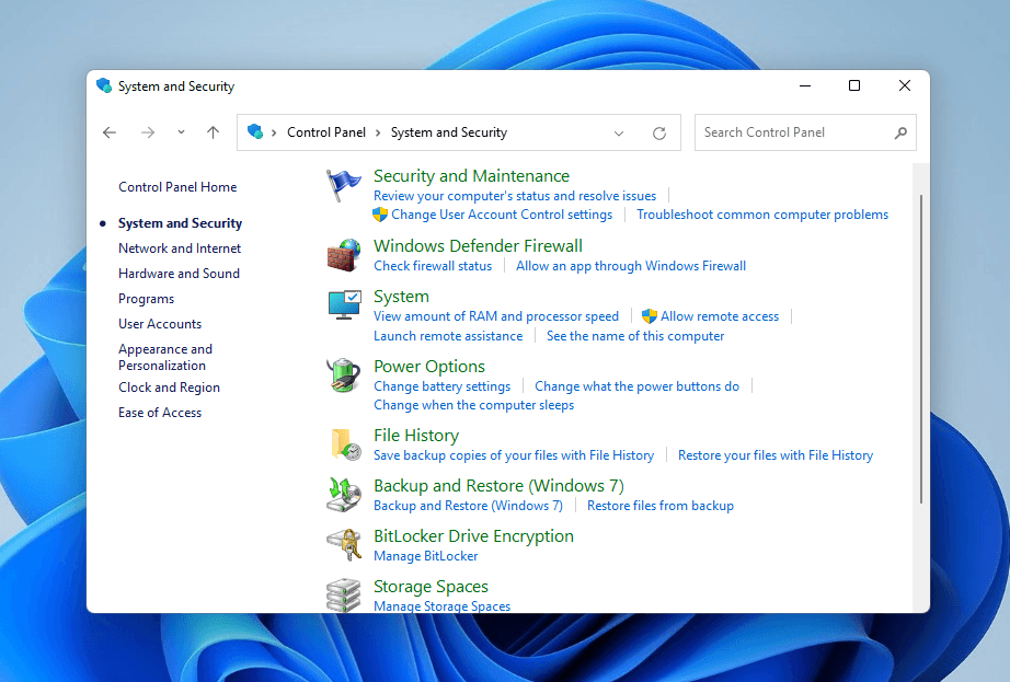 File History option in Control Panel's System and Security page