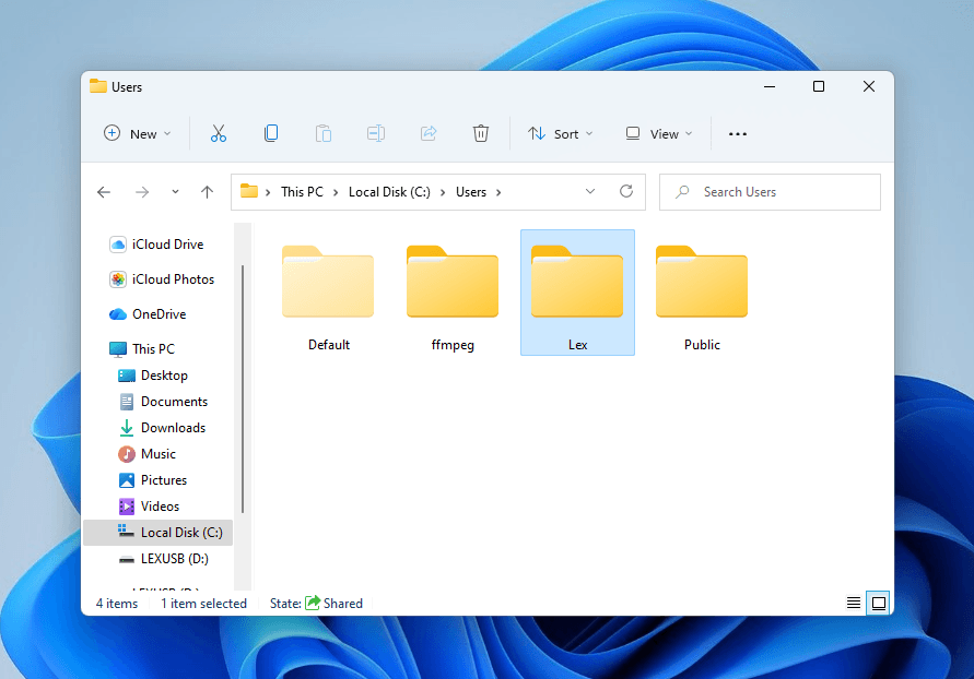 Opening a user folder in the Users location