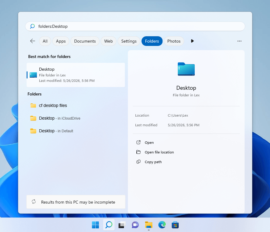 Desktop folder appearing in Windows search via the Start menu