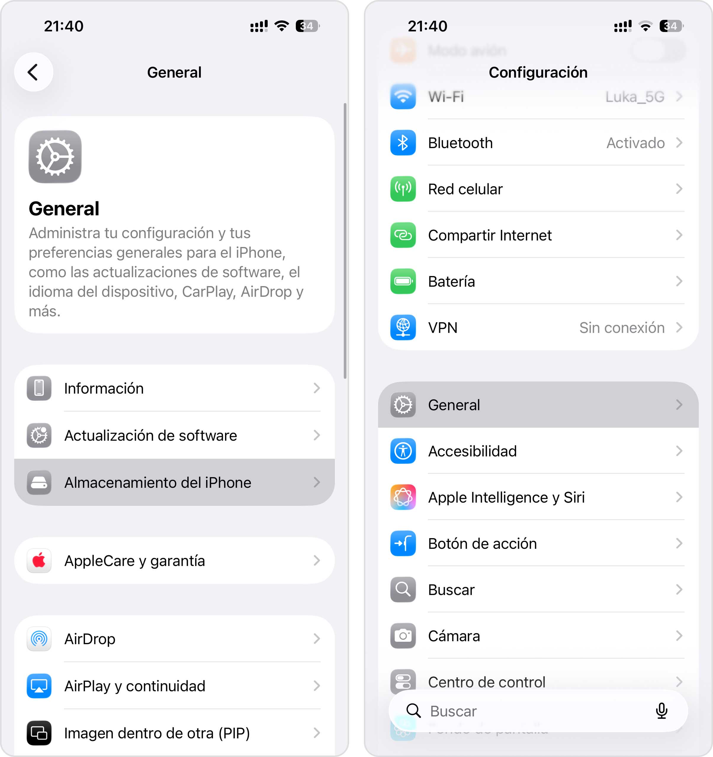 abre el almacenamiento del iPhone en la aplicación Ajustes