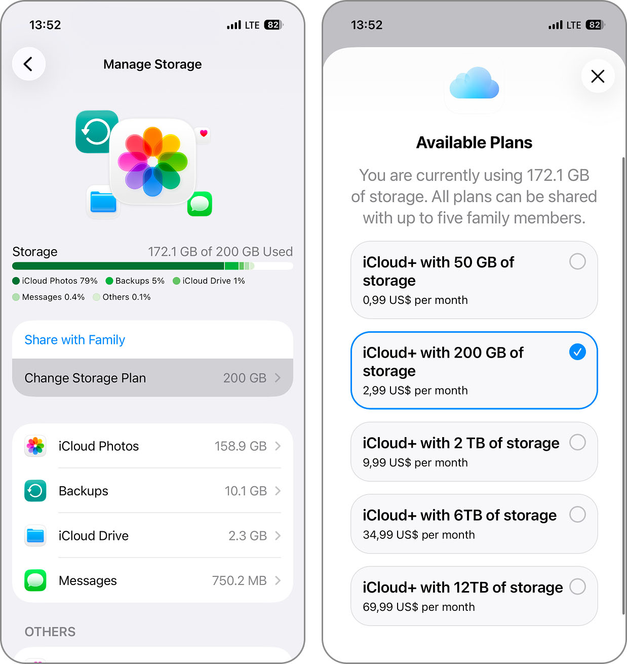 Manage Account Storage and Change Storage Plan in iCloud settings