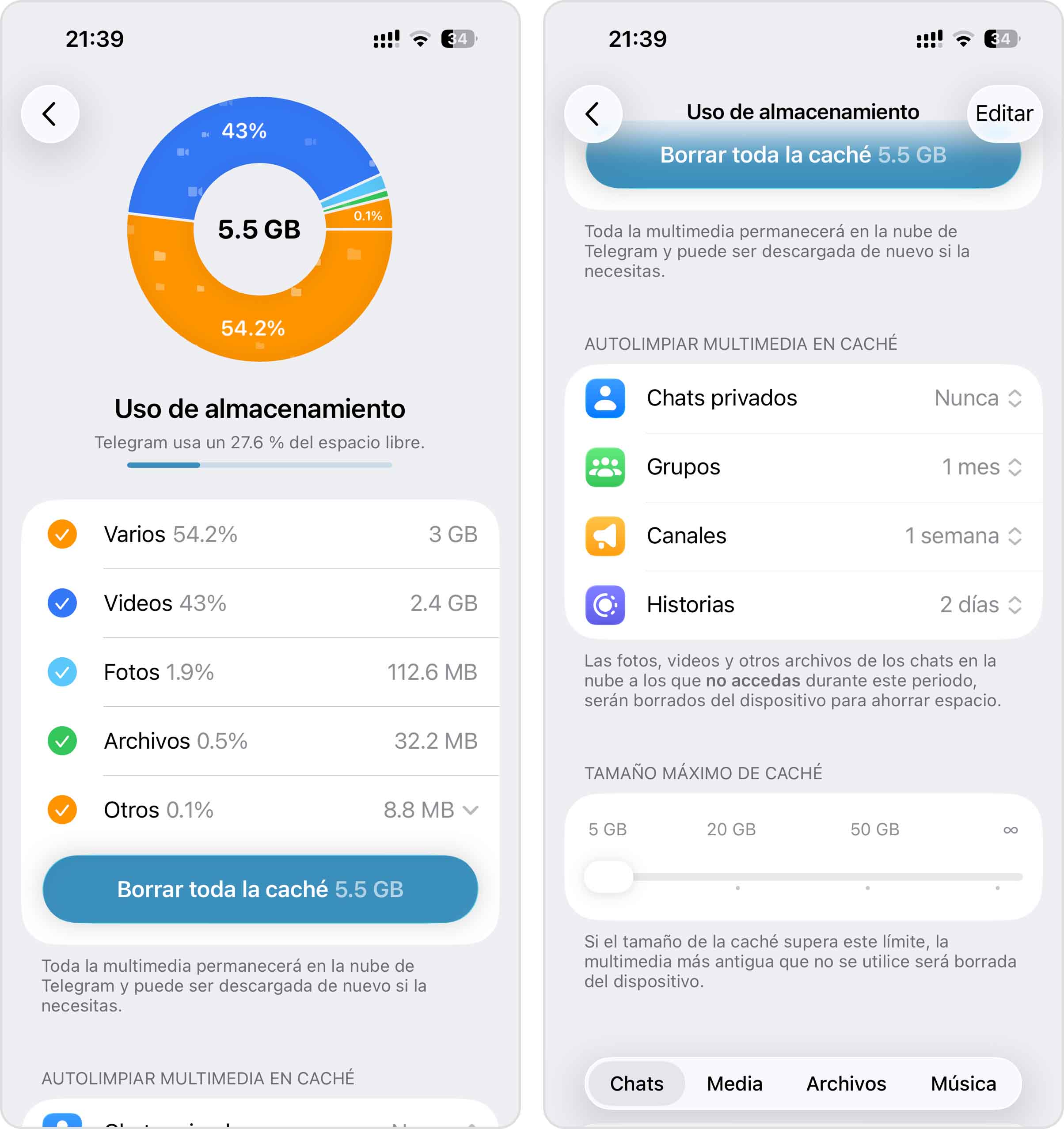 borrar la caché de Telegram en iPhone
