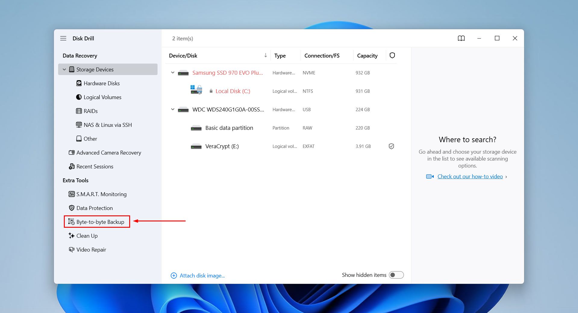 The Byte-to-byte Backup section in Disk Drill.