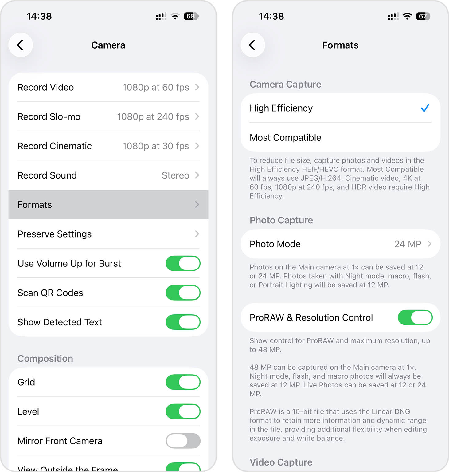 change formats in camera settings
