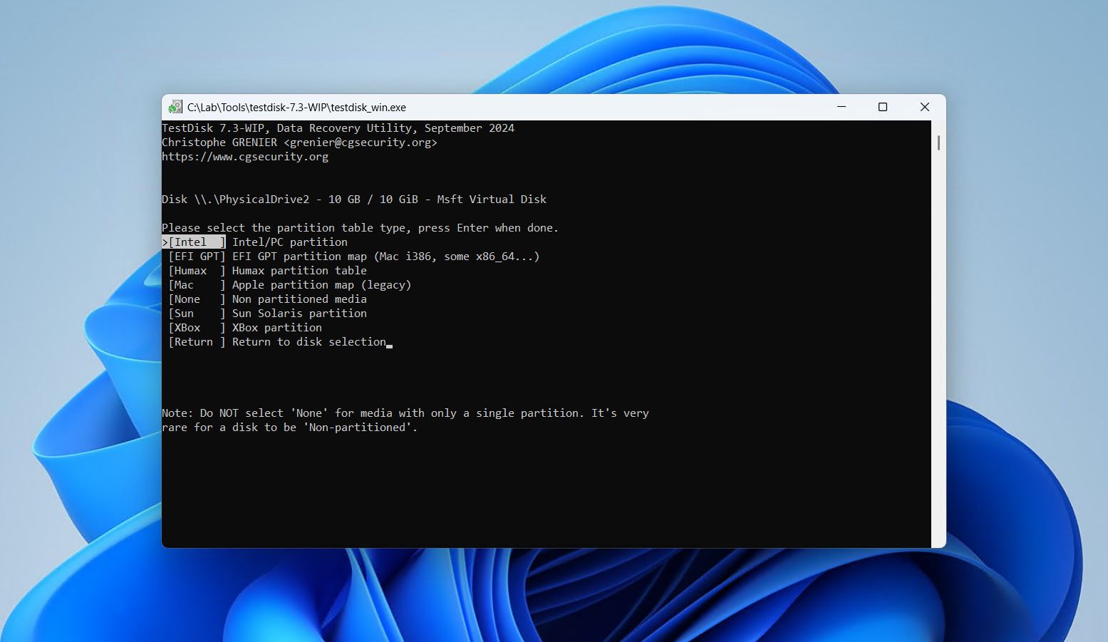 Choosing the partition table type.