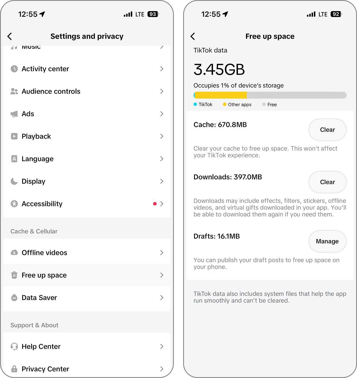 Clear TikTok cache data