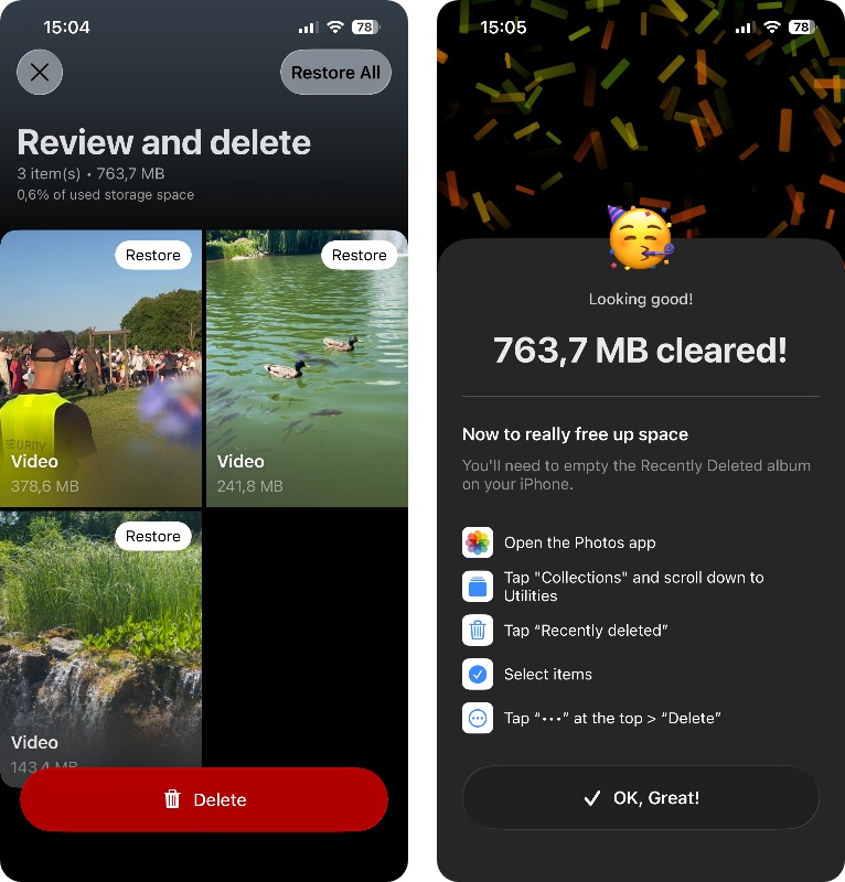 Confirmation de la suppression de vidéos dans Clever Cleaner.