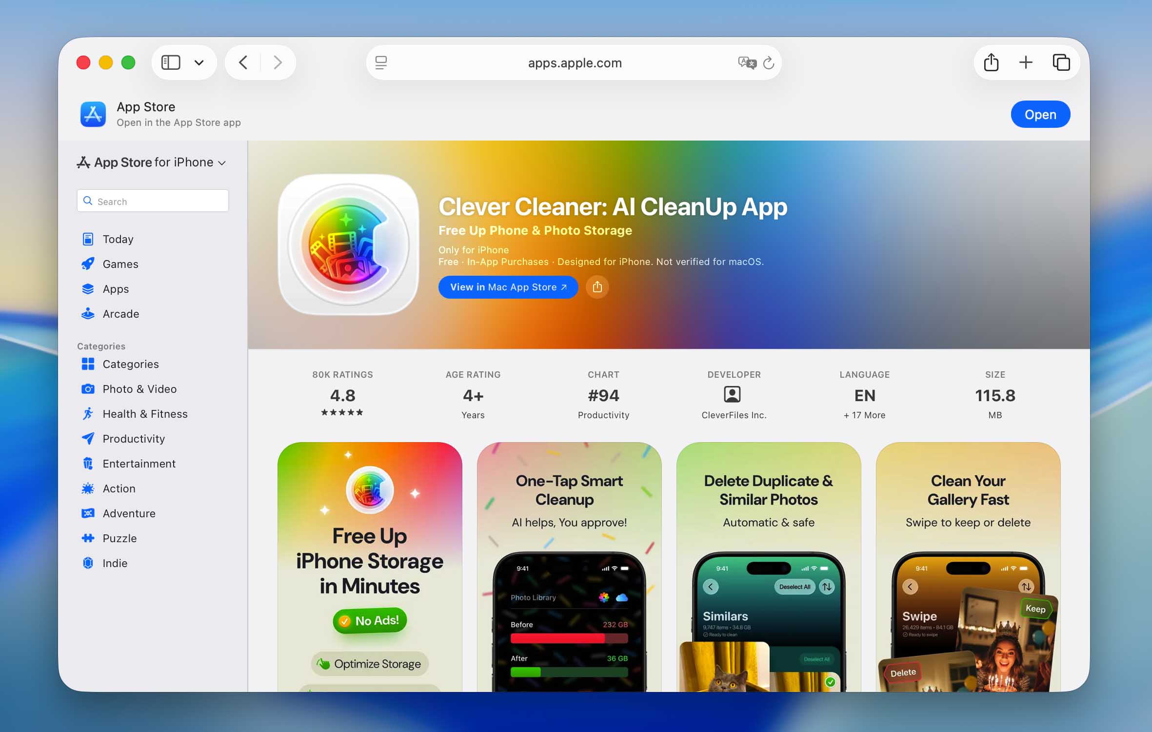 Clever Cleaner app page in the App Store.