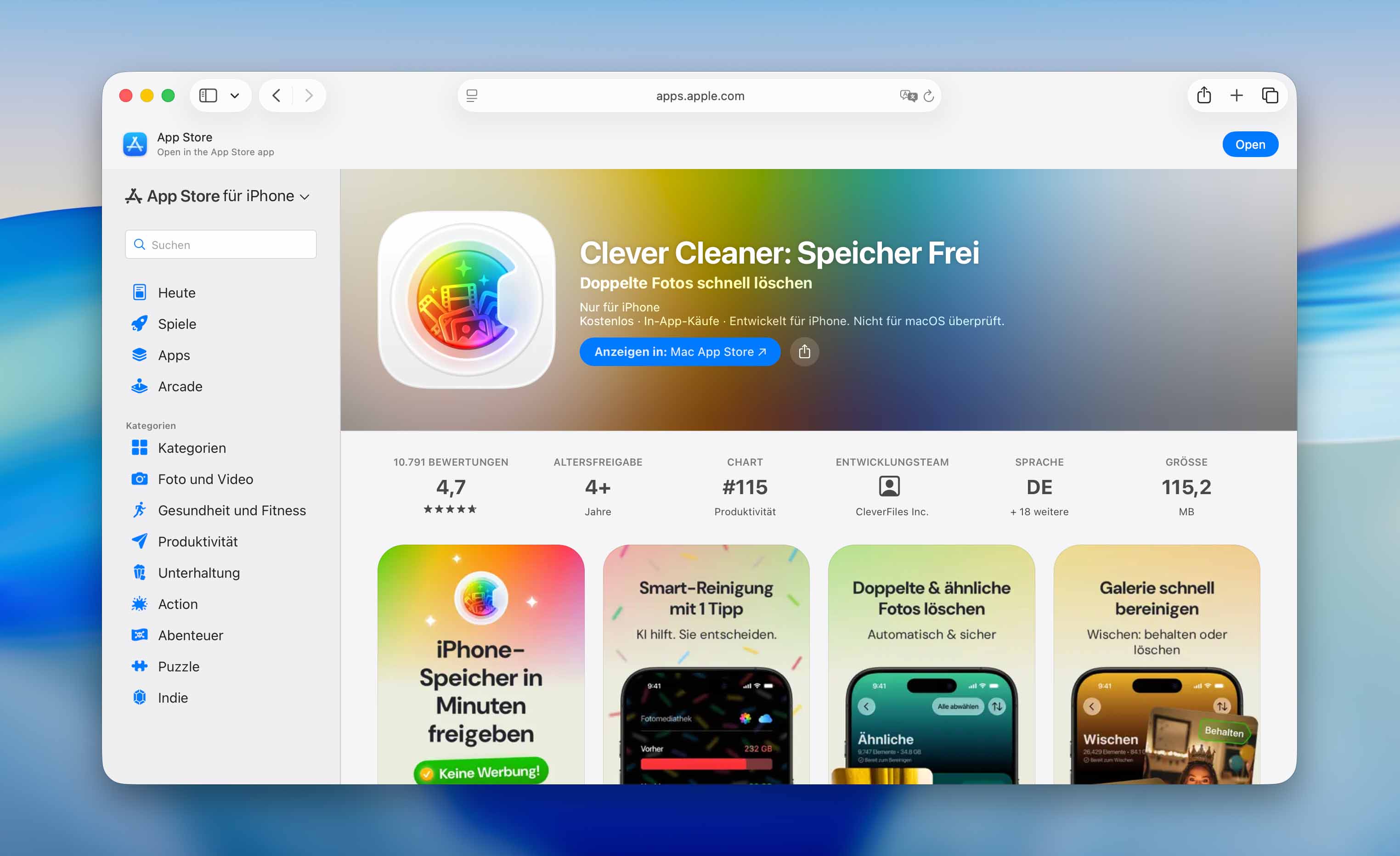 App-Store-Seite mit Clever Cleaner