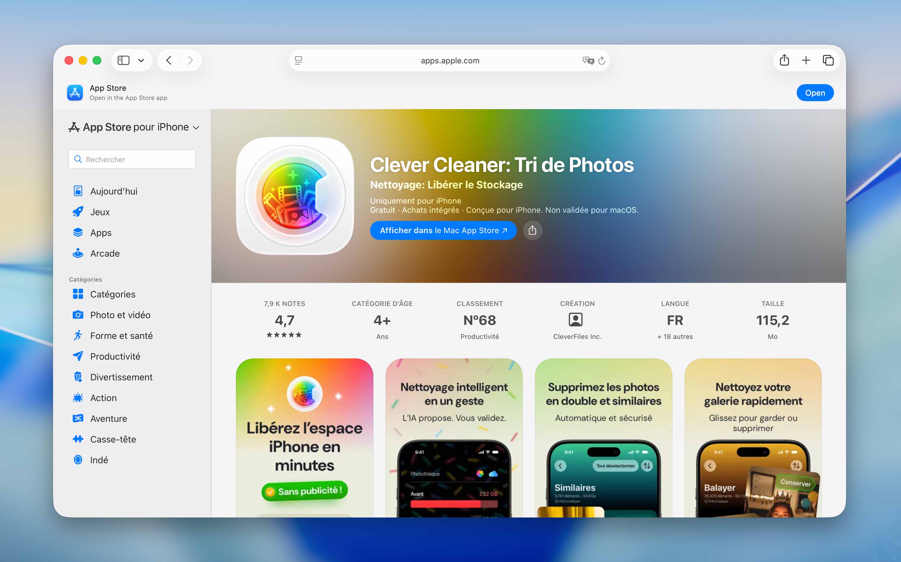 Page de l'application Clever Cleaner sur l'App Store