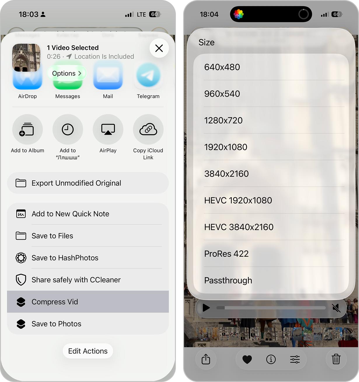 Comprimindo um vídeo do iPhone com um atalho.