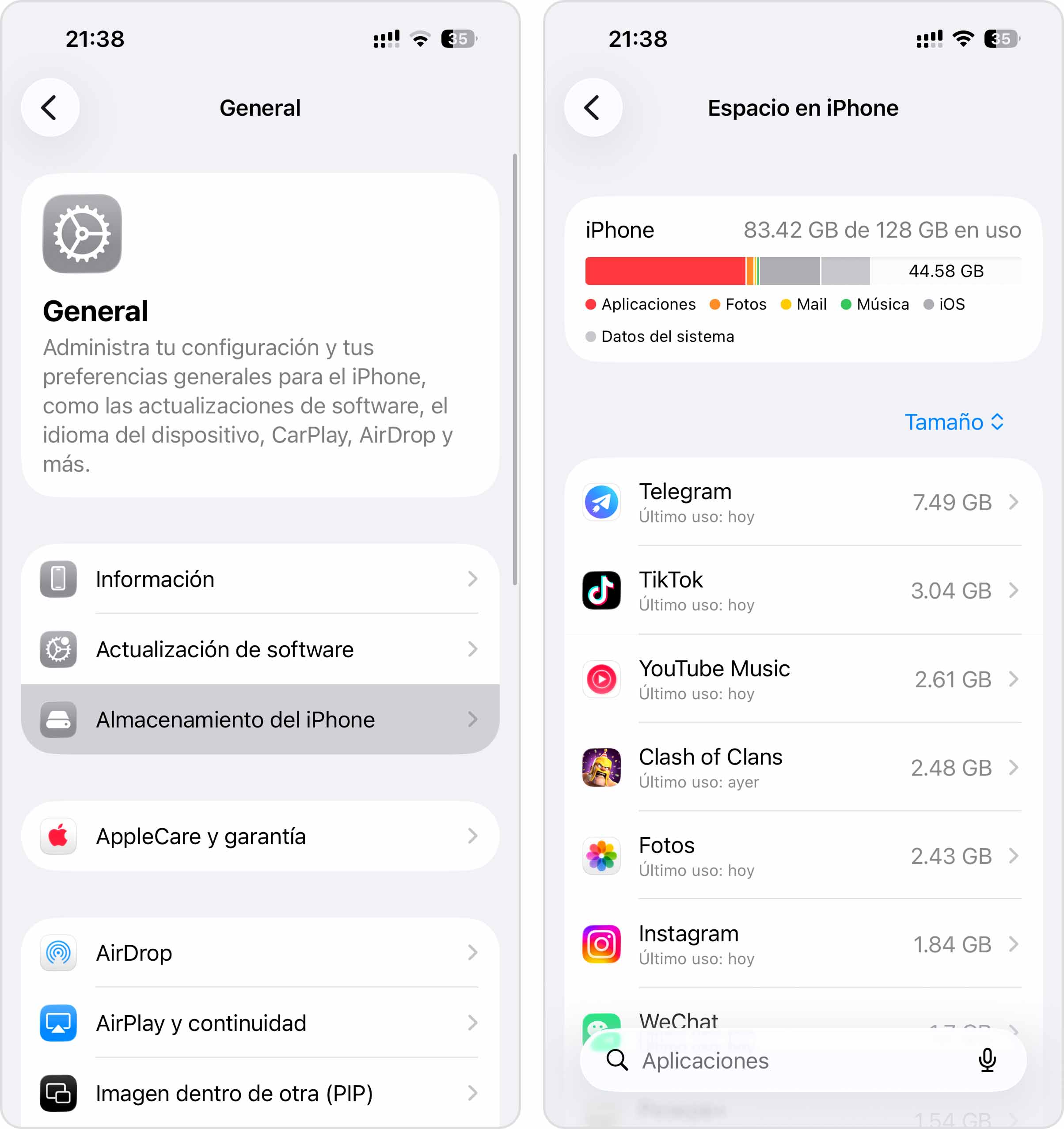 comprobar el almacenamiento del iPhone