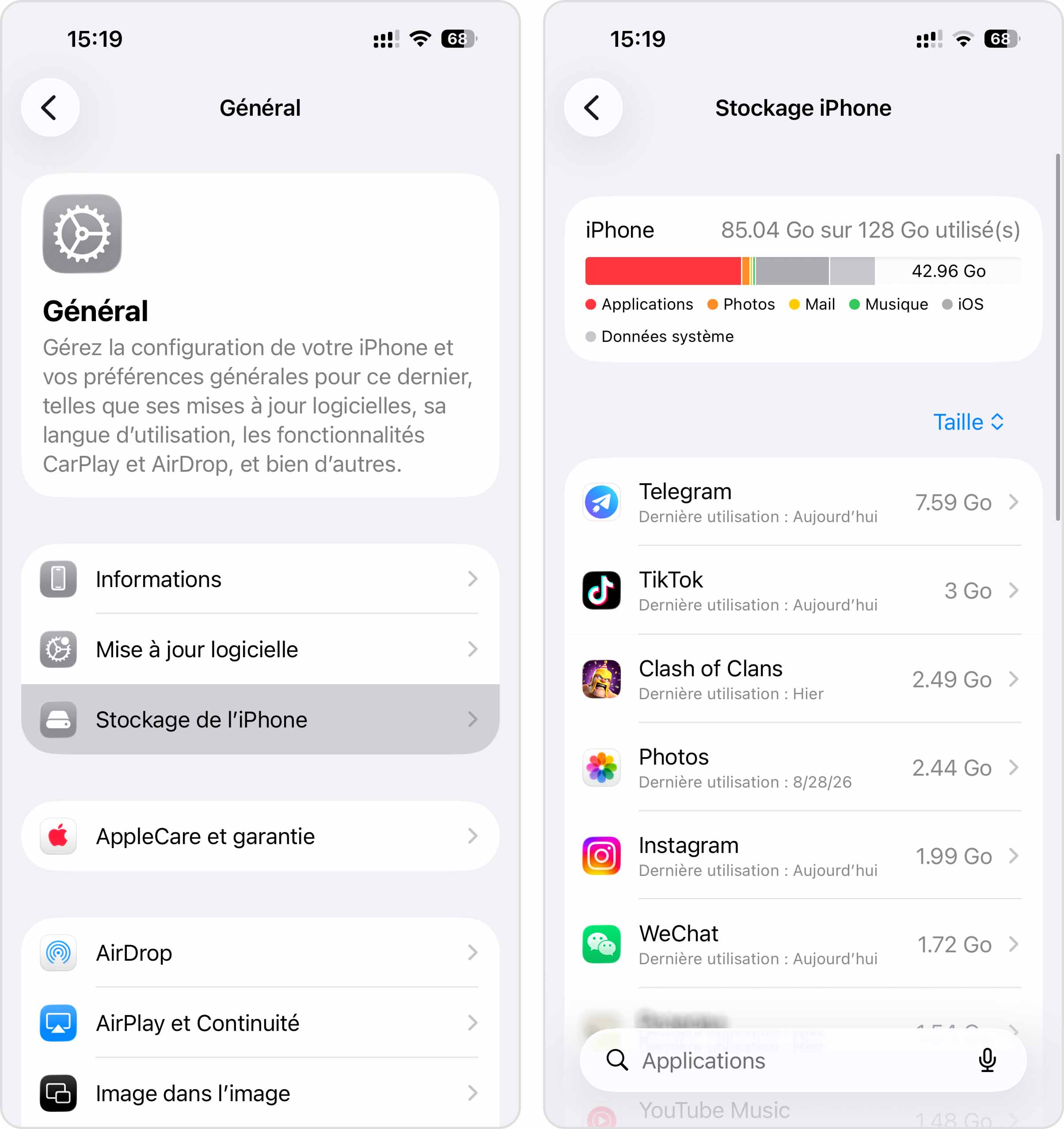 Menu Stockage de l'iPhone dans l'application Réglages