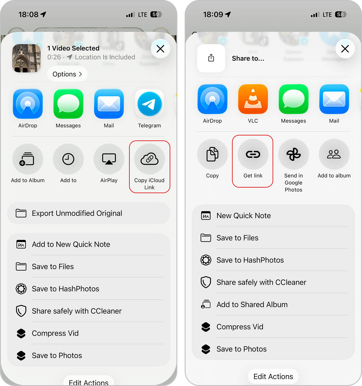 Copiando um link para compartilhar um vídeo do iPhone.