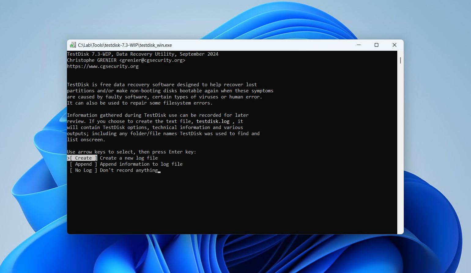 Creating a log file in TestDisk.