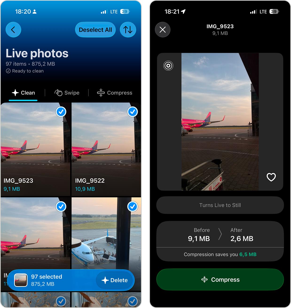 Converting or deleting Live Photos in Clever Cleaner.