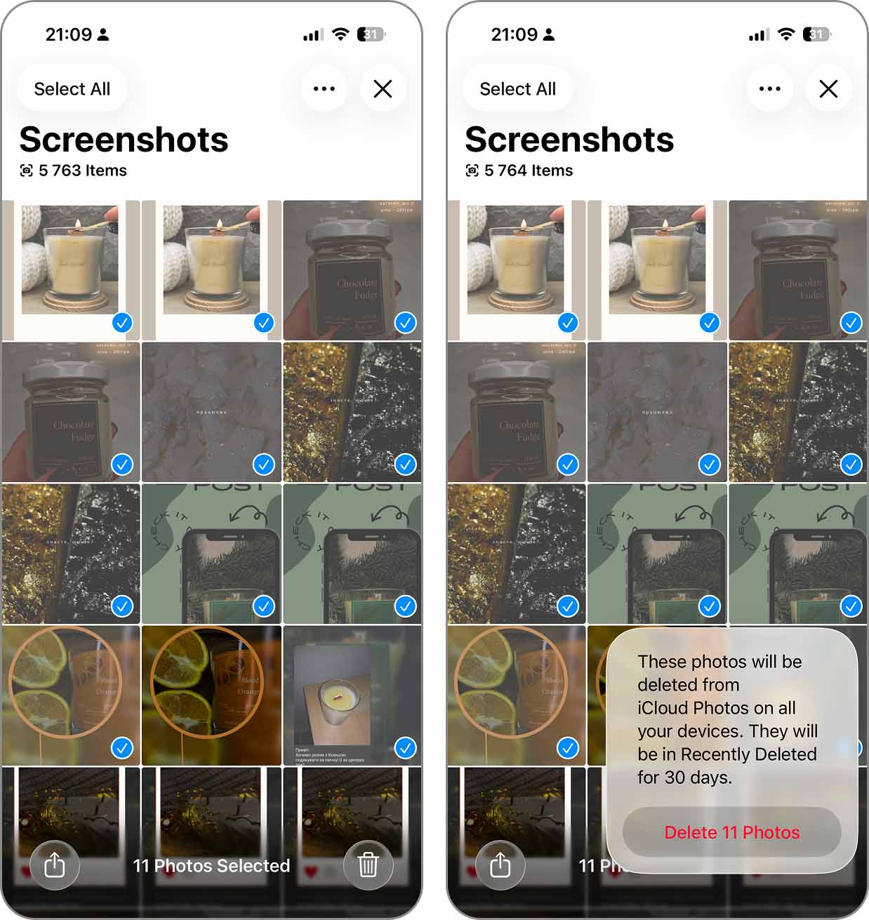 Supprimer les captures d'écran sélectionnées dans l'application Photos.