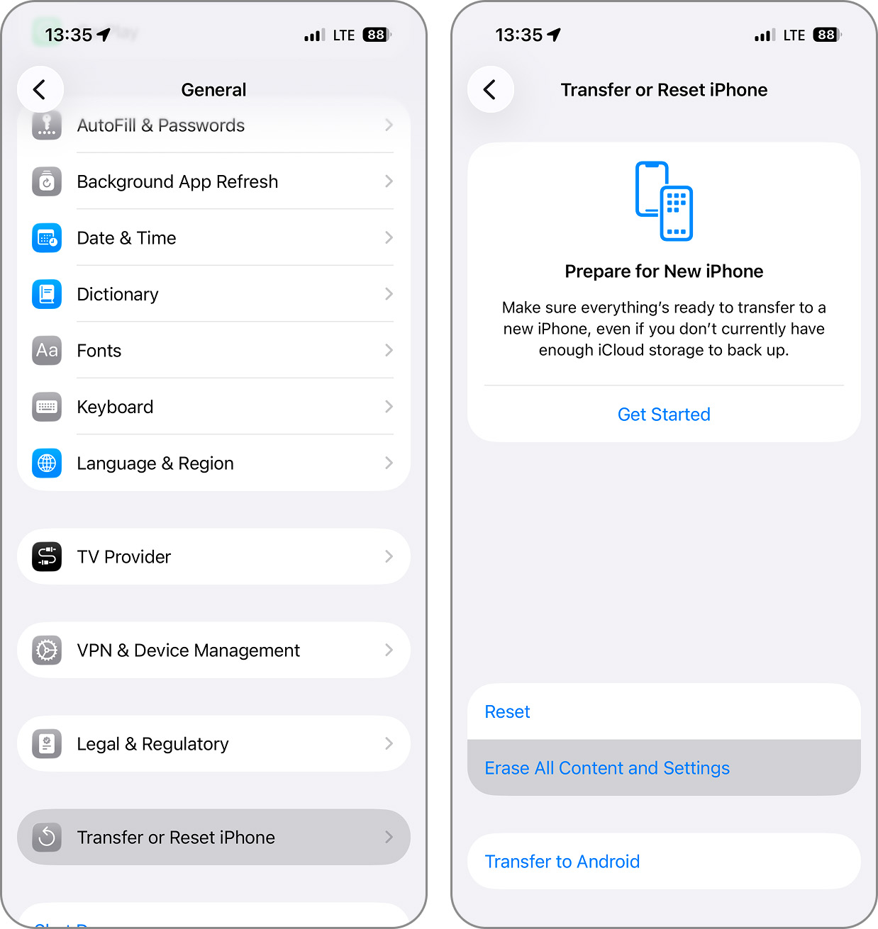 Erase All Content and Settings in Transfer or Reset iPhone