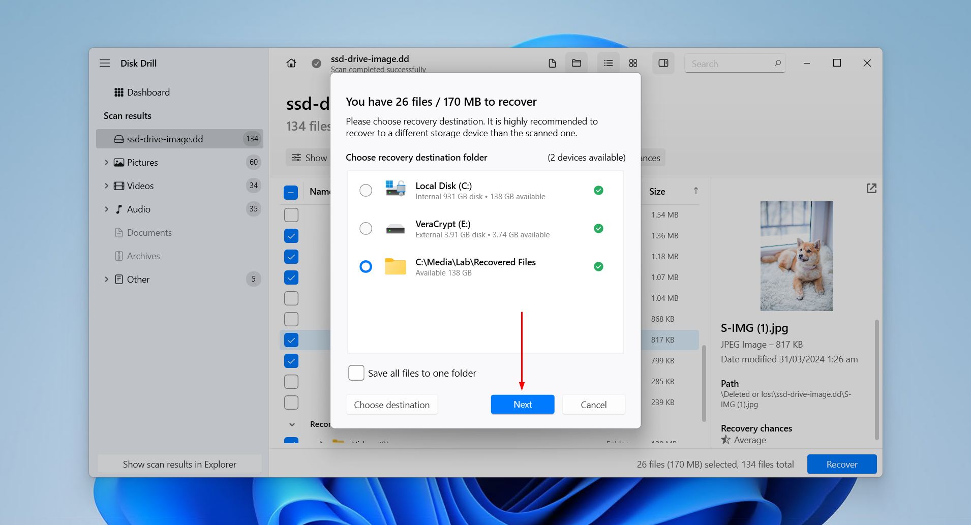 Choosing where to save the recovered files.