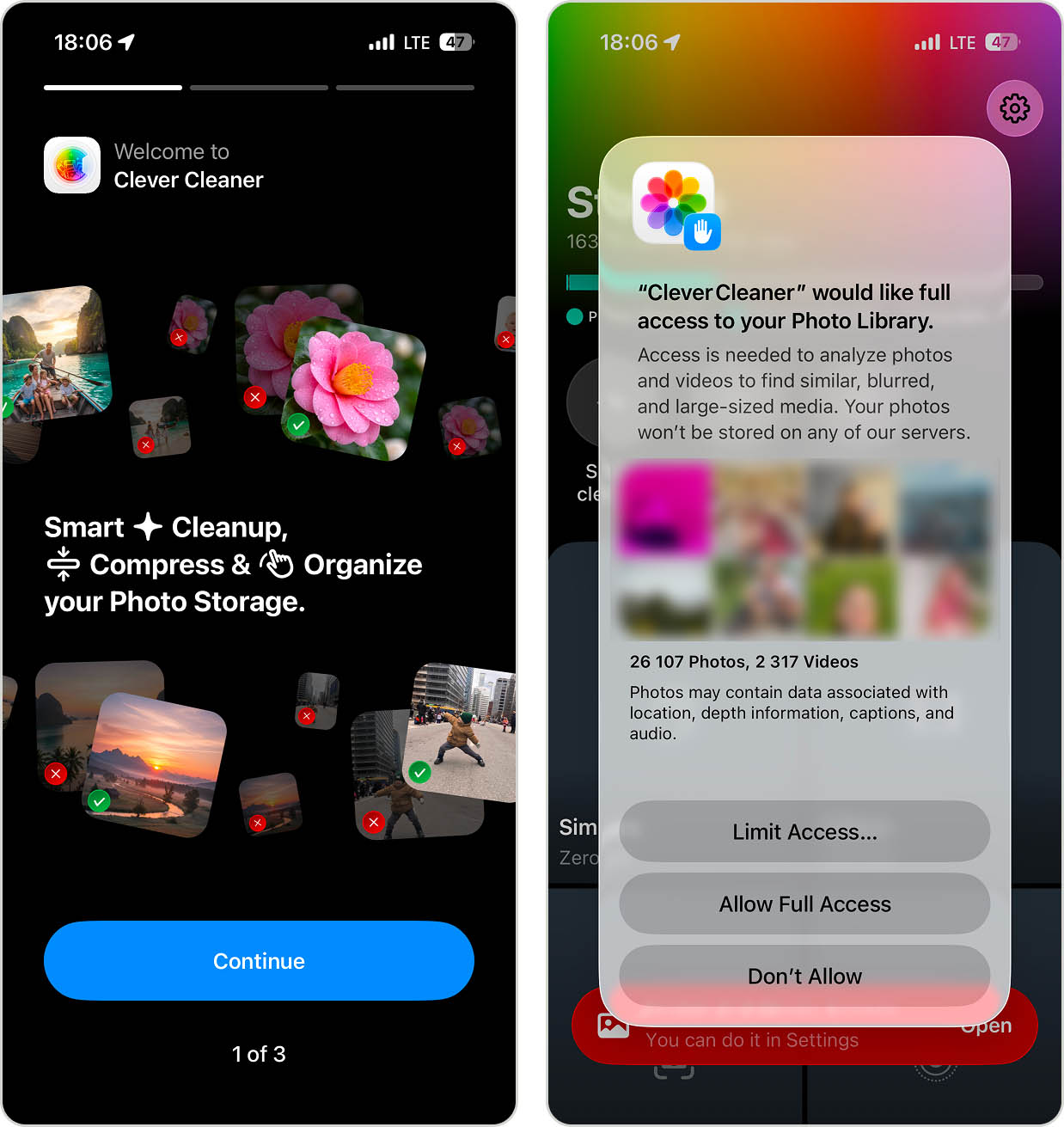 Granting Full Access to photos for Clever Cleaner on iPhone.