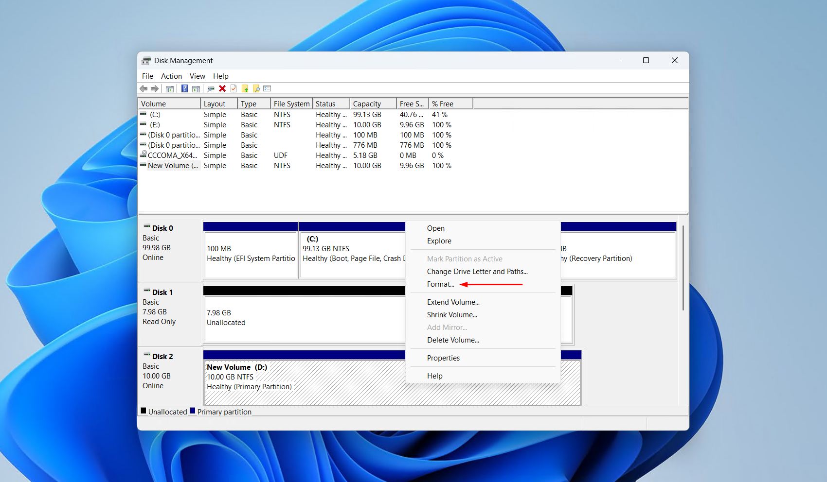 Selecting the format option.