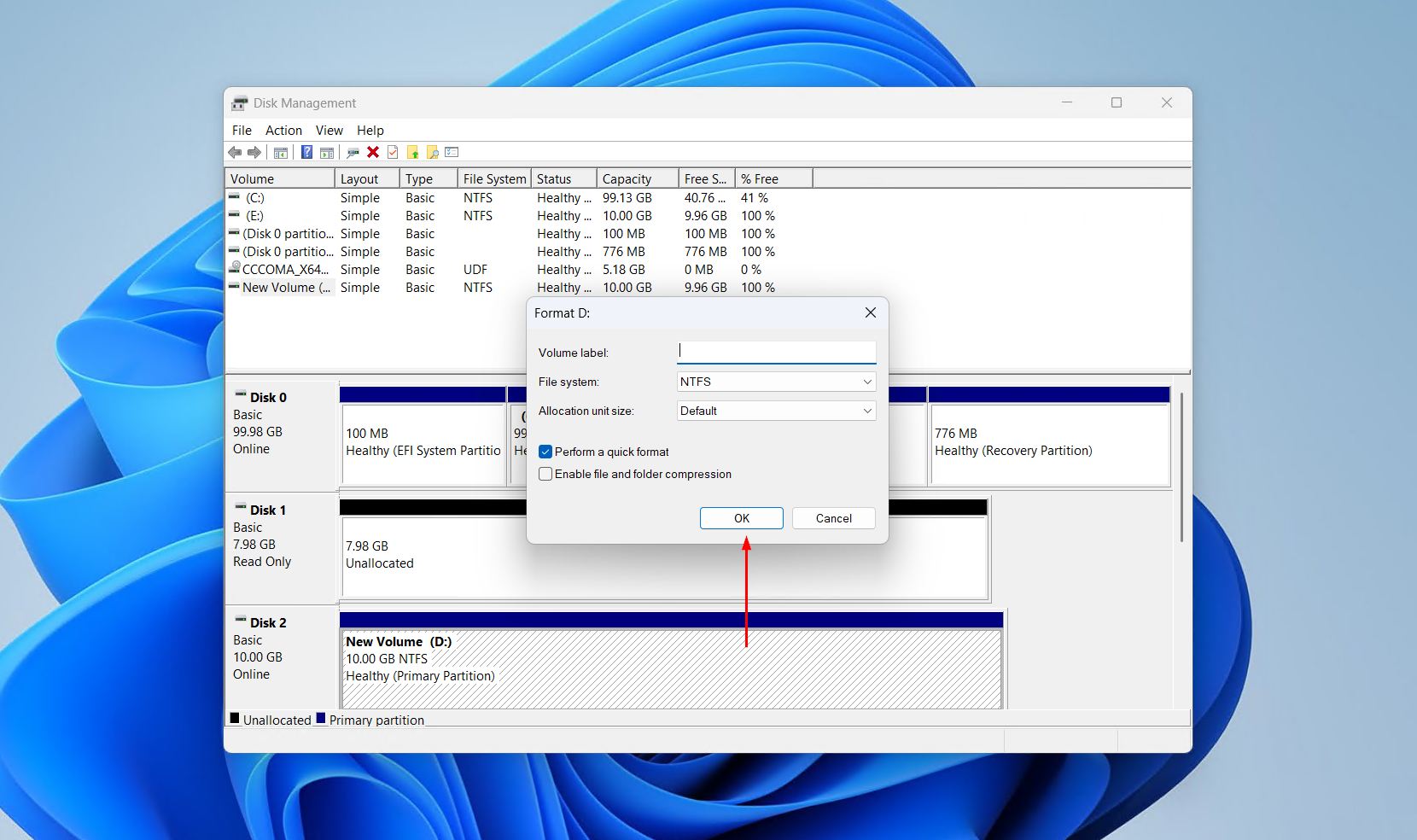 Choosing the format settings.