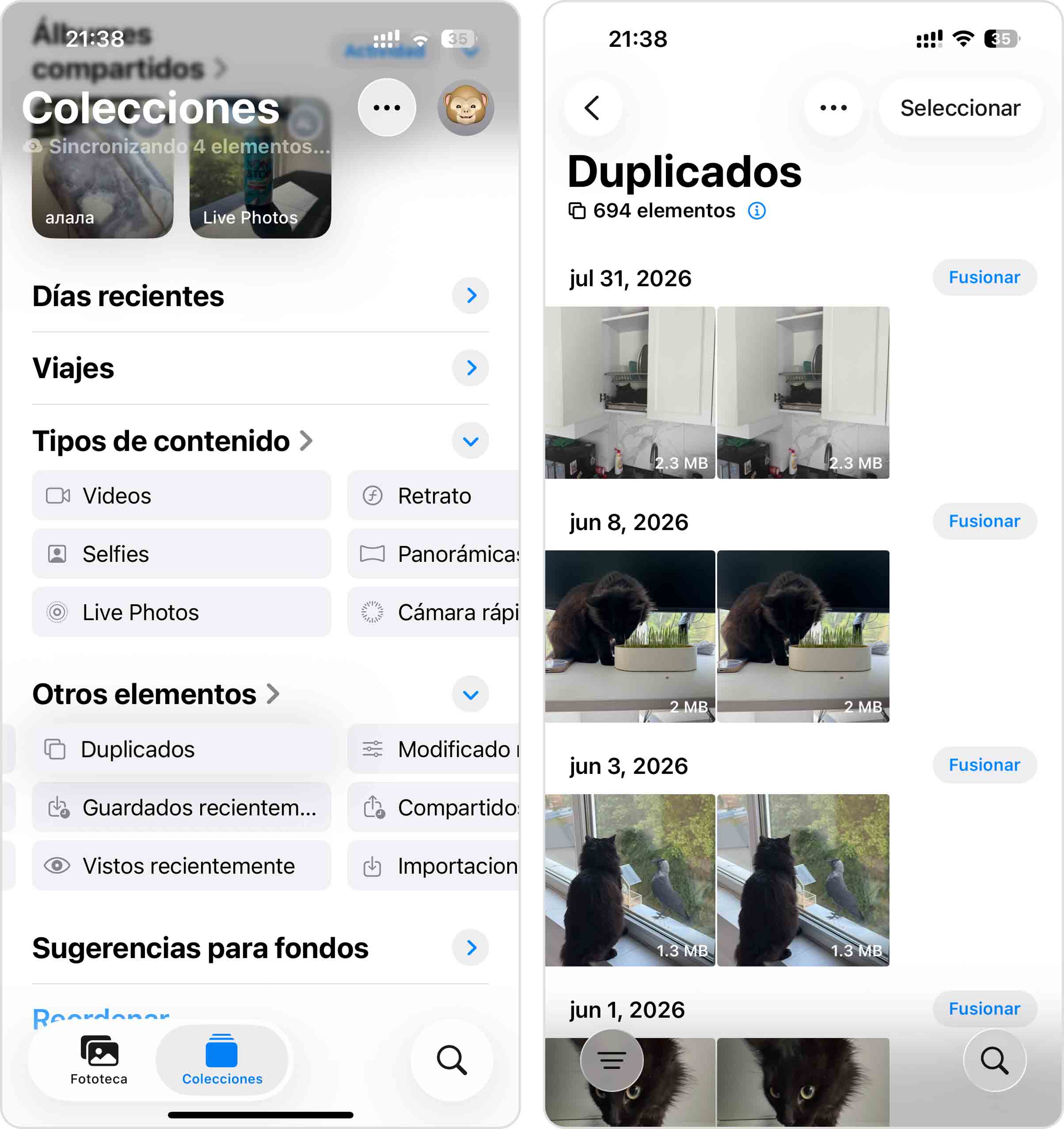 Combinar duplicados en la aplicación Fotos