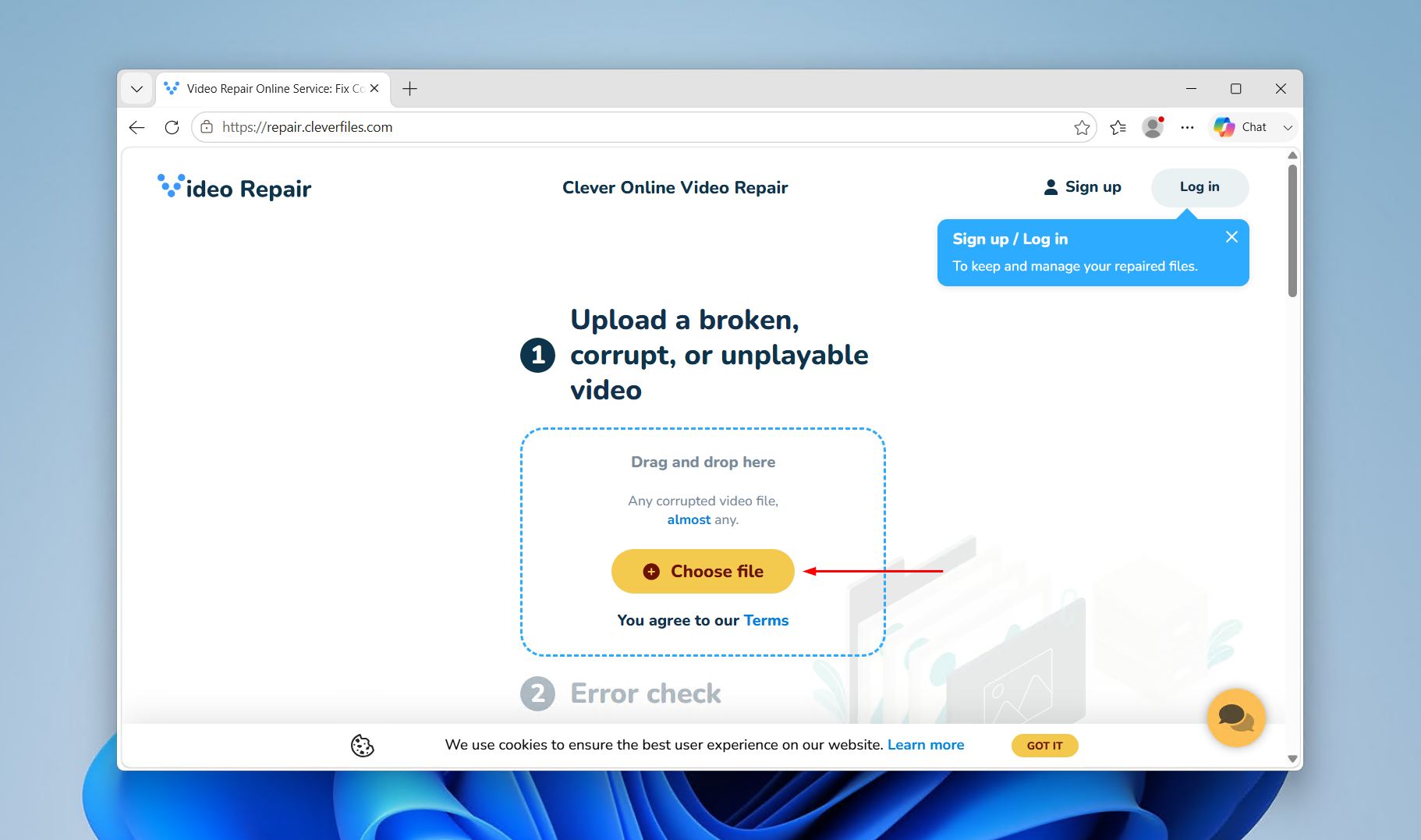 Adding the CCTV footage to Clever Online Video Repair.