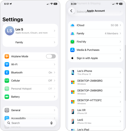 Opening the iCloud settings page through the Apple Account settings page
