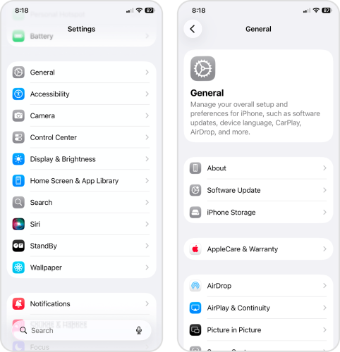 iPhone Storage option in the General page of the iOS Settings app