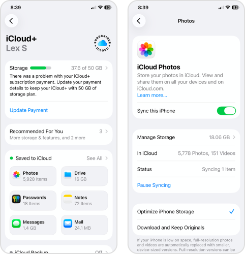 Activating iCloud synchronization and Optimize this iPhone in the Settings app