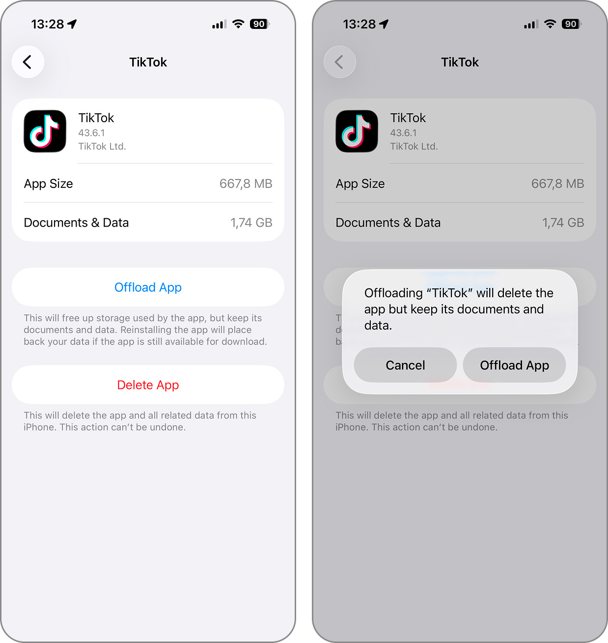 Offload App option in iPhone Storage settings