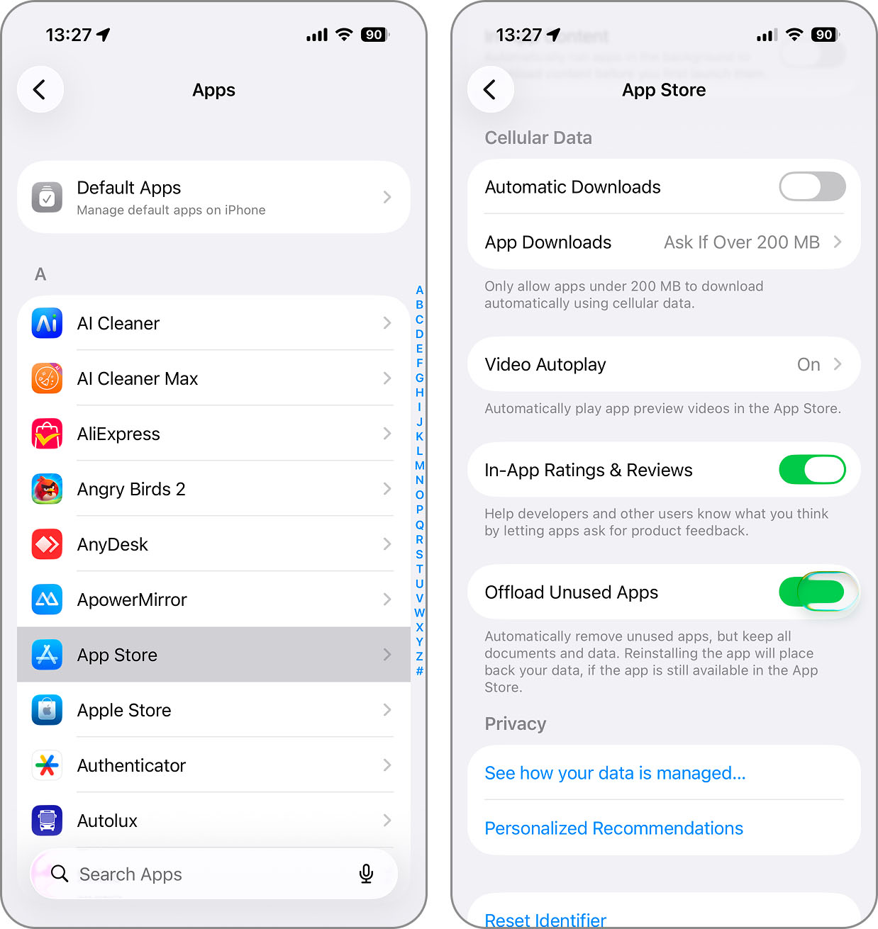 Offload Unused Apps option in App Store settings