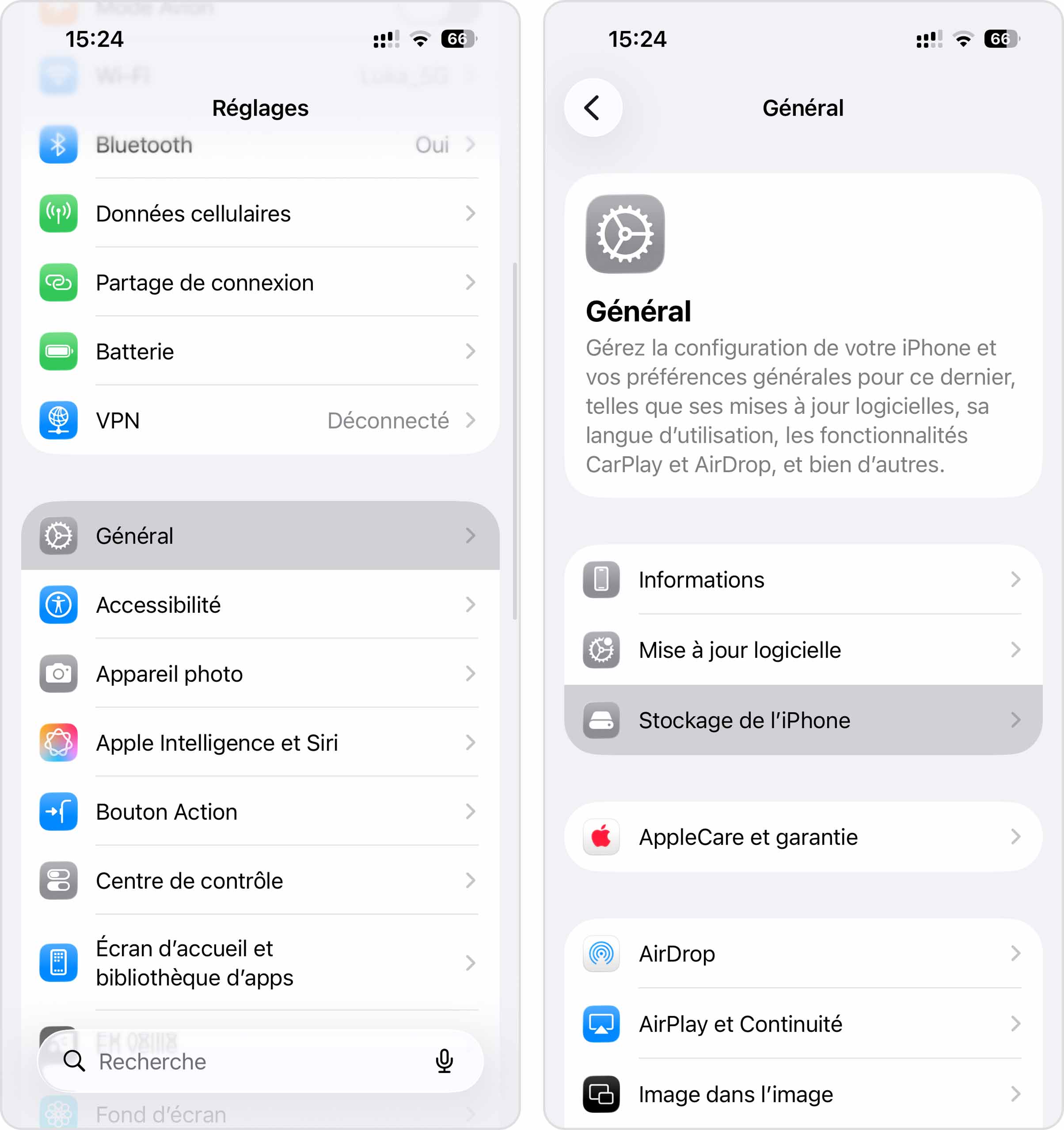 Ouvrir le stockage de l'iPhone dans les réglages