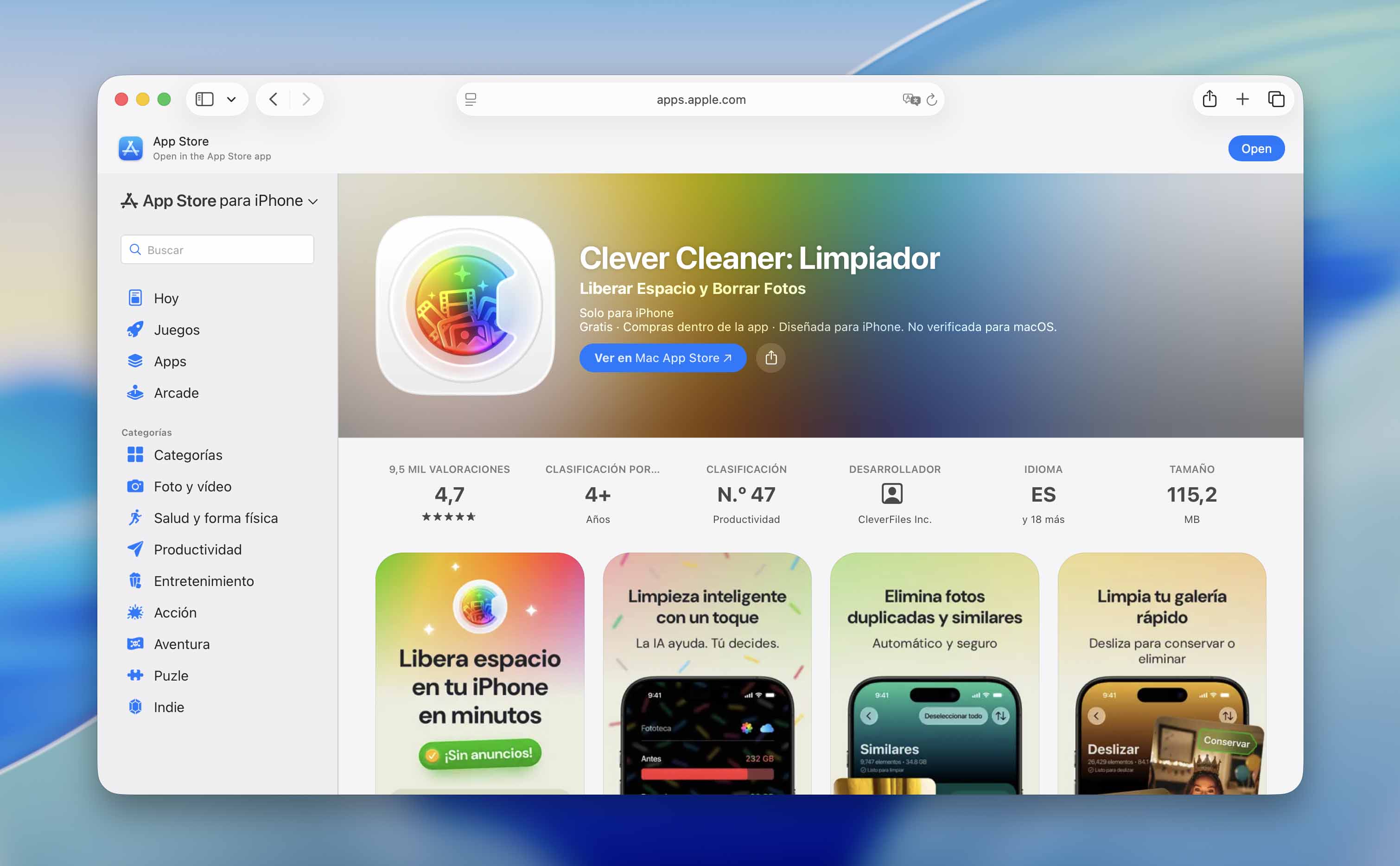 Página de la App Store con CLever Cleaner