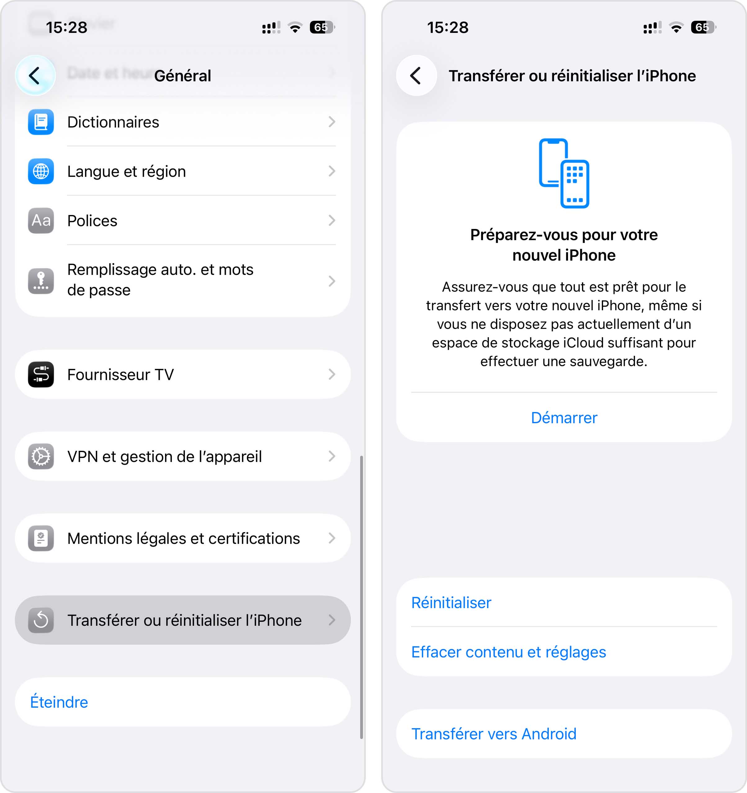 Réinitialiser l'iPhone dans les réglages