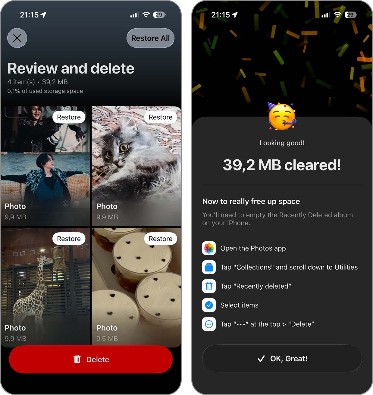 Vérification et suppression des captures d’écran dans Clever Cleaner.