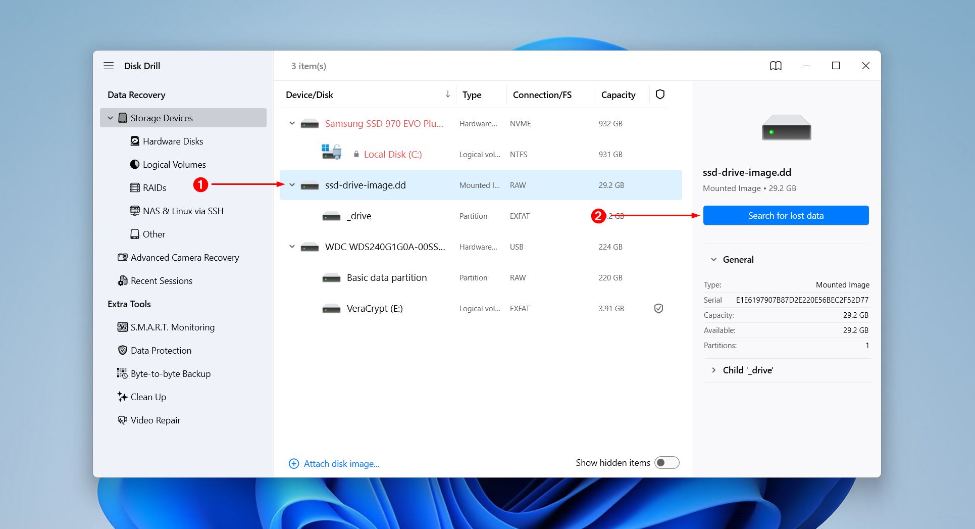 Searching the drive image for lost data.