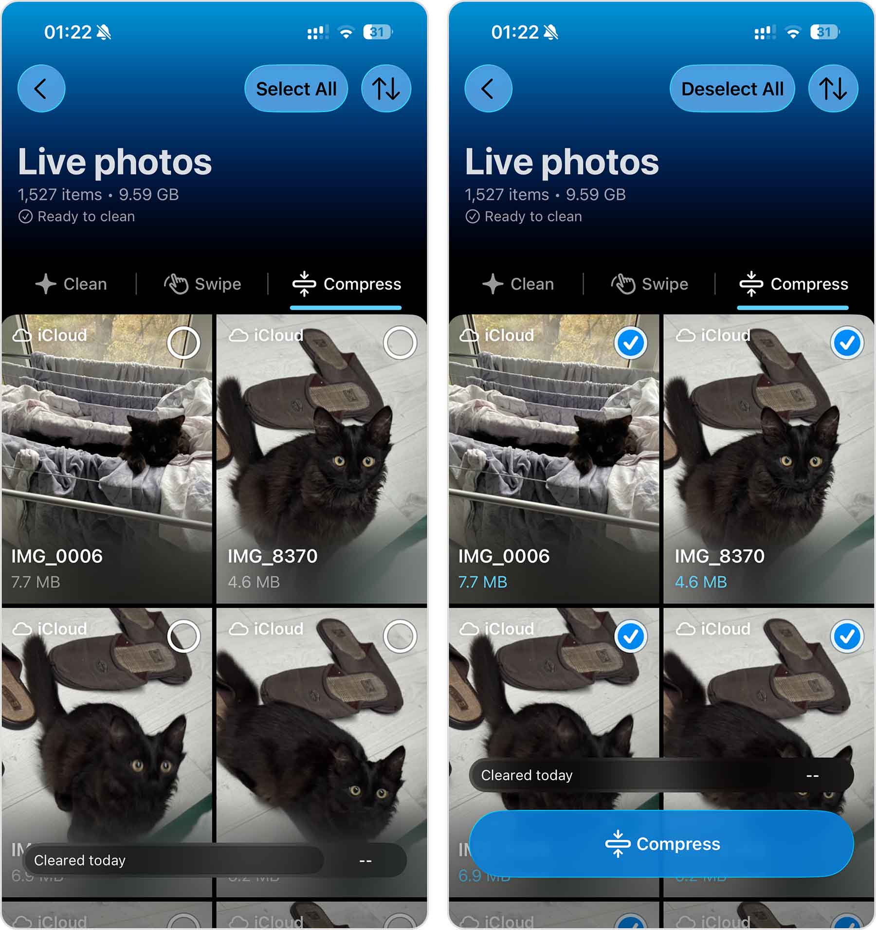 Clever CleanerでLive Photosを静止画像に変換するために選択している様子。