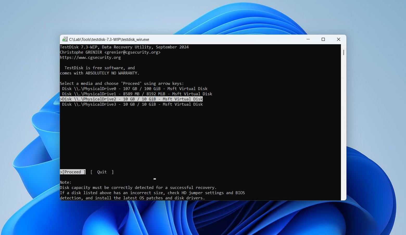 Selecting the SSD in TestDisk.