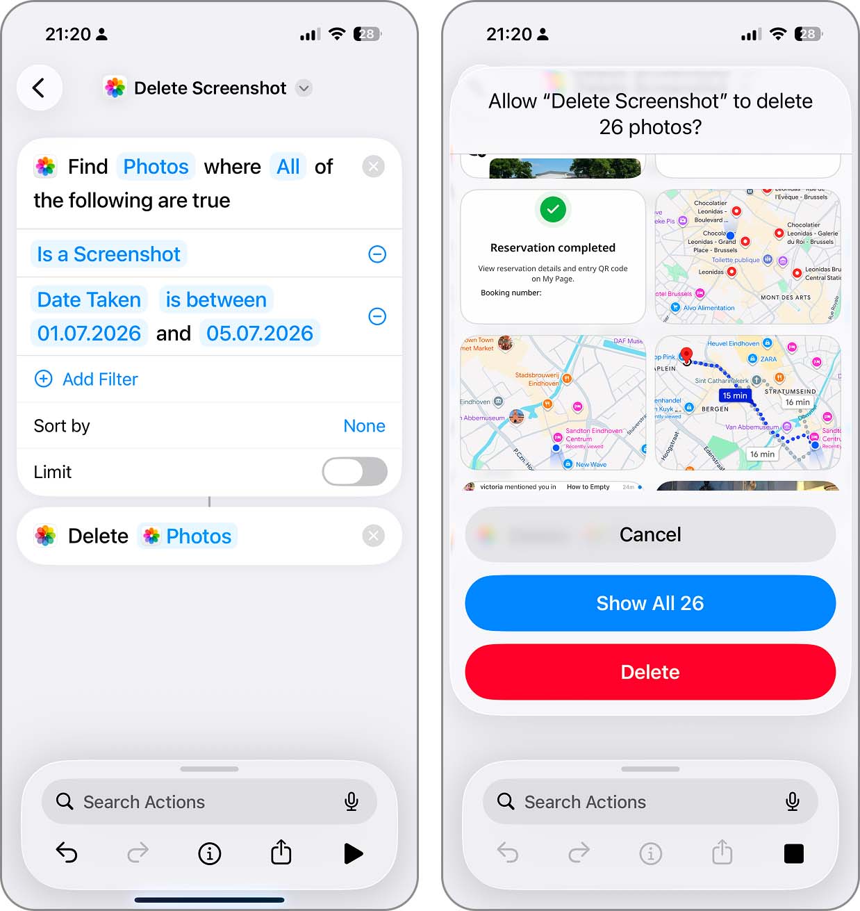 Exécutez le raccourci de suppression de capture d’écran dans Raccourcis.