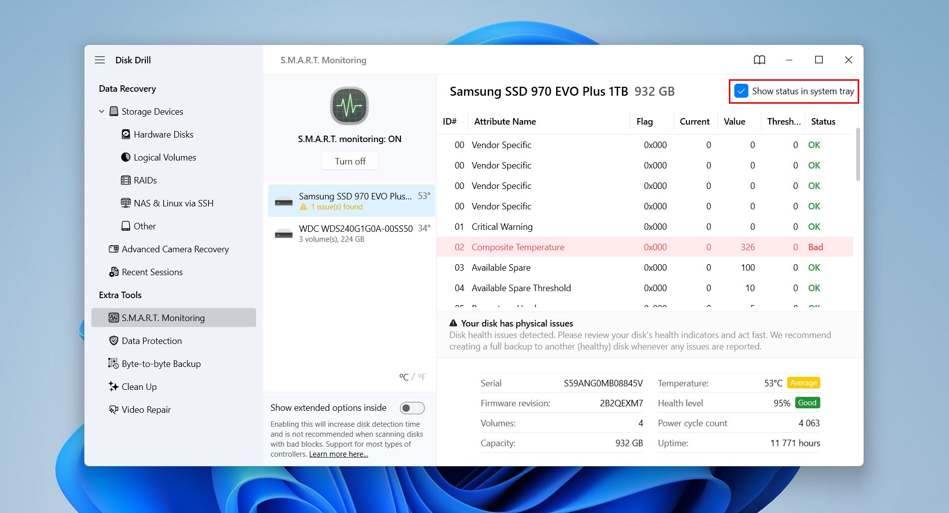 Enabling show status in system tray.