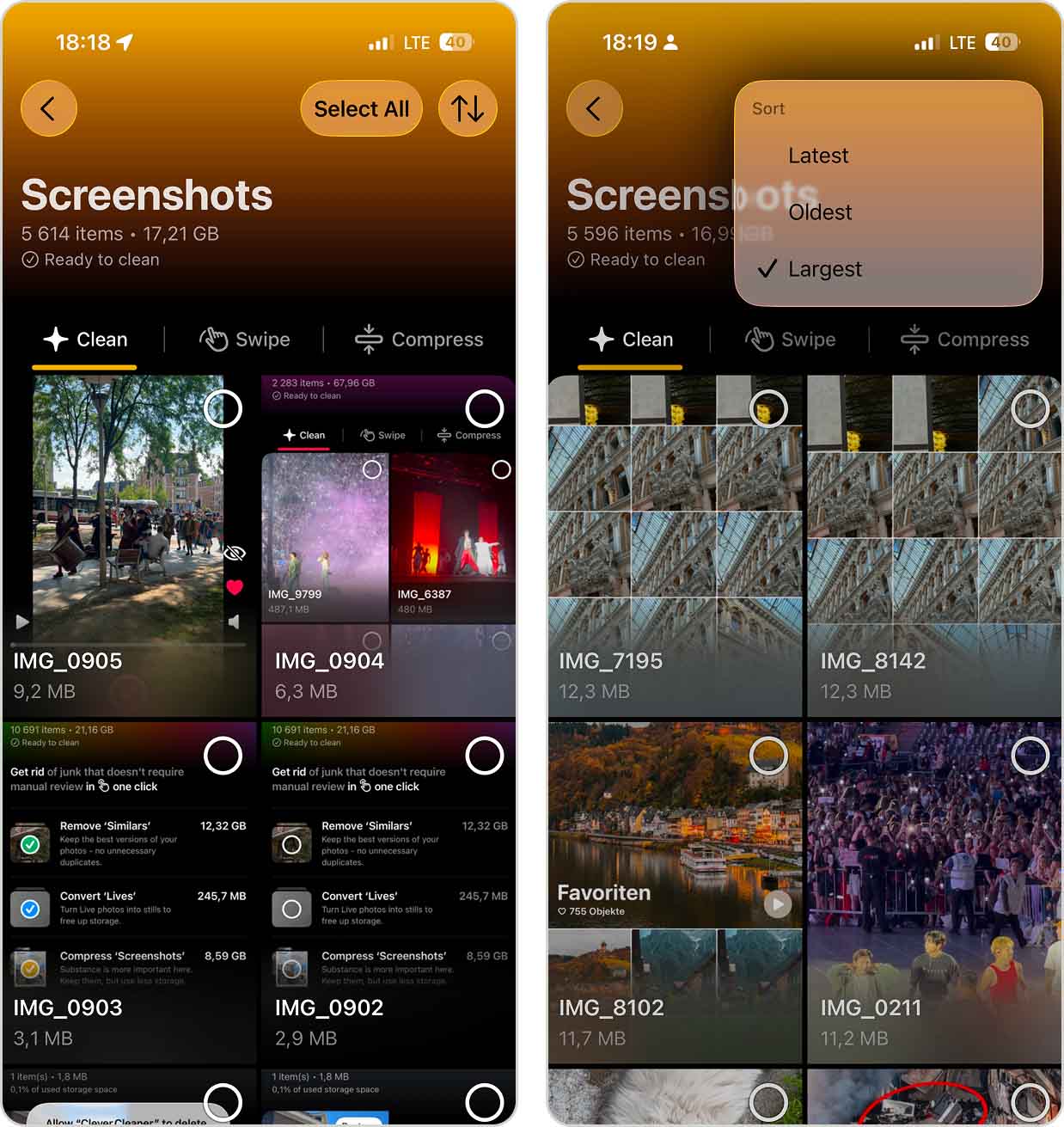 Clever Cleaner Screenshots module showing storage used by screenshots.