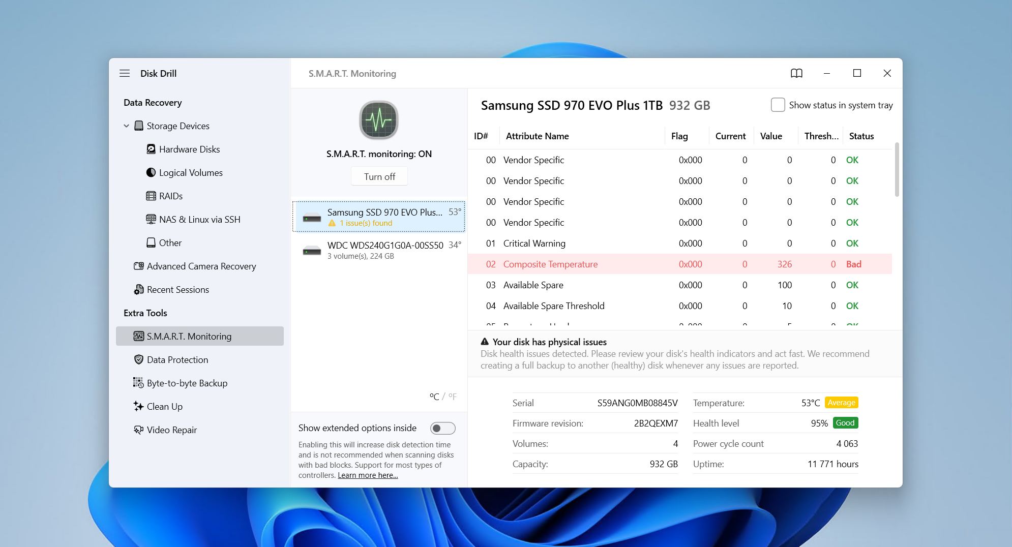 Checking the SSD S.M.A.R.T. values.