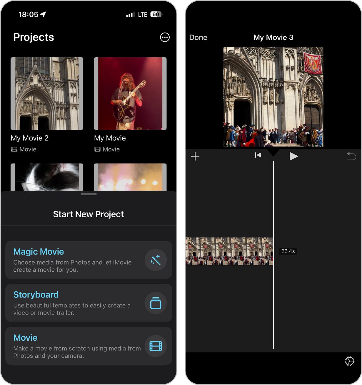 Criando um novo projeto de vídeo no iMovie.