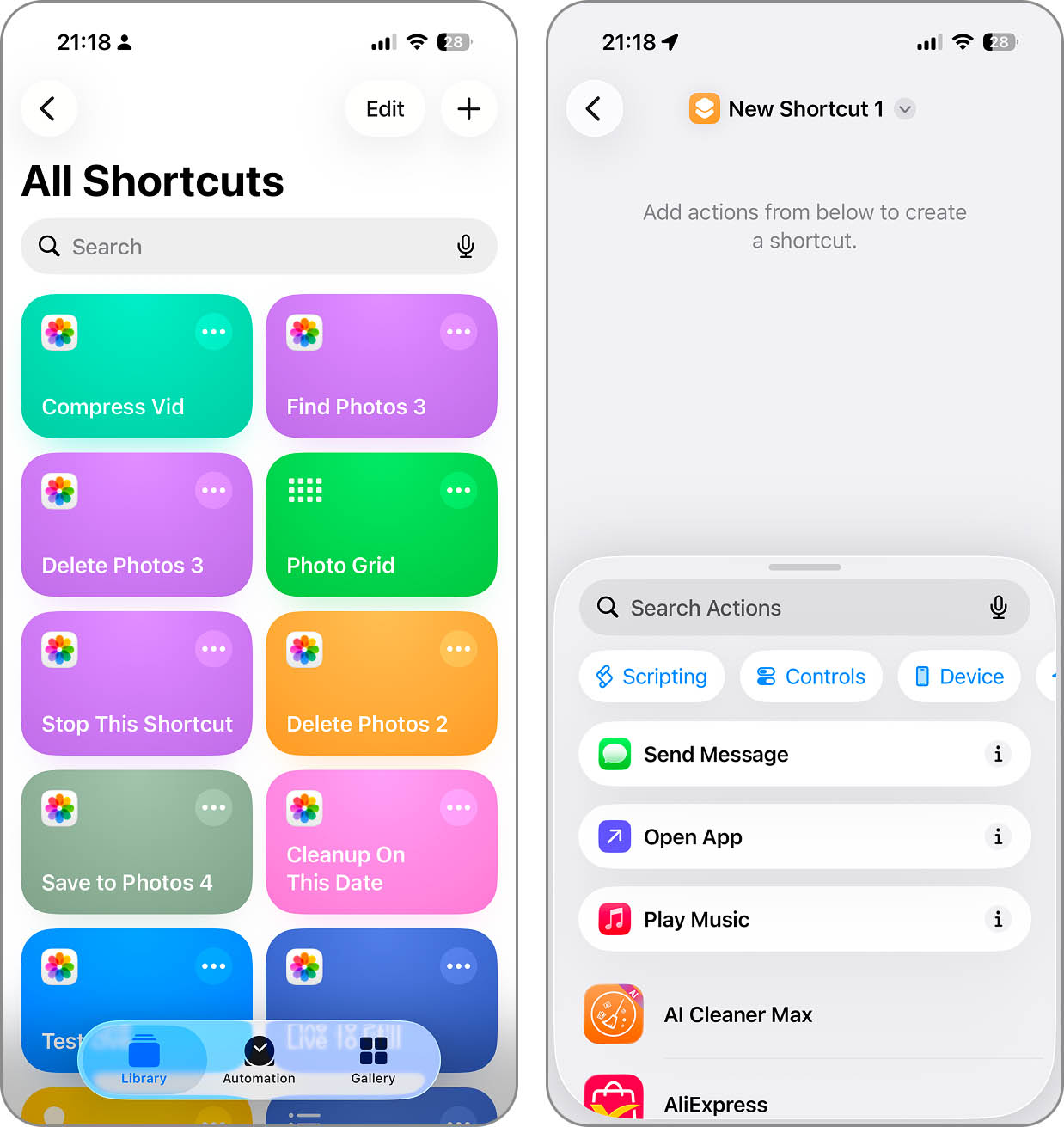Démarrer un nouveau raccourci dans l'application Raccourcis.