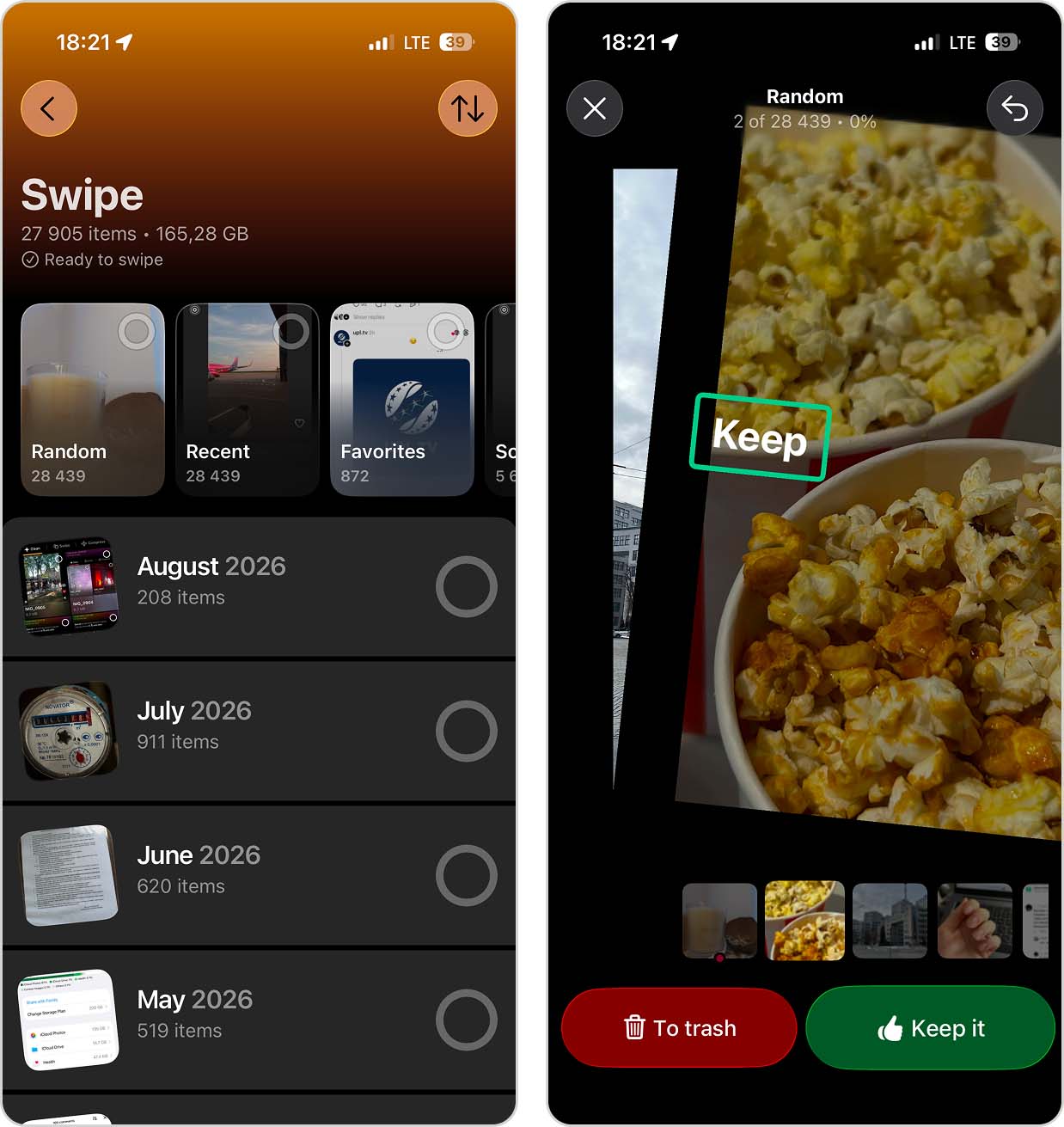 Swipe mode in Clever Cleaner for reviewing photos to keep or delete.