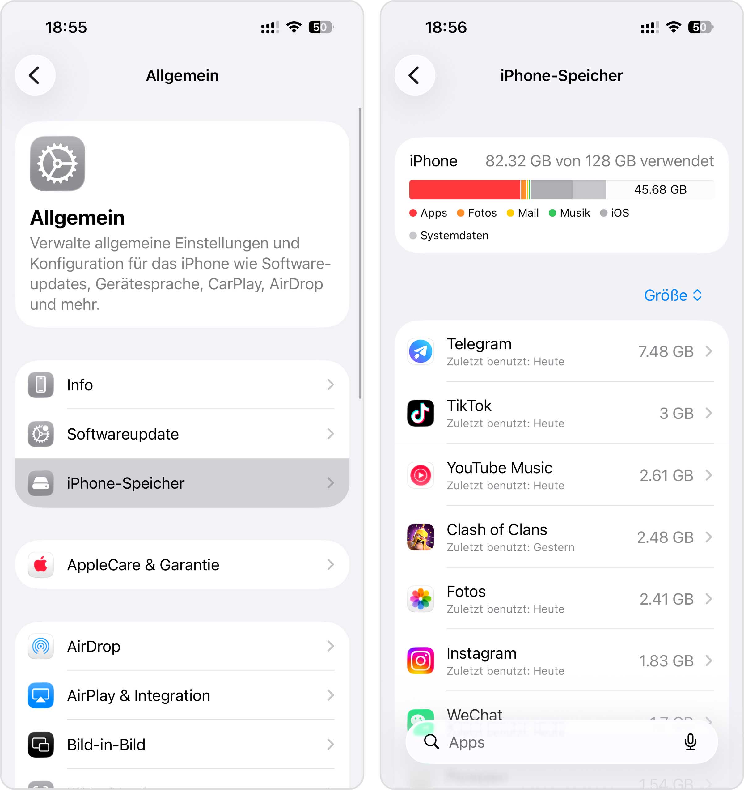 iPhone-Speichermenü in der Einstellungen-App