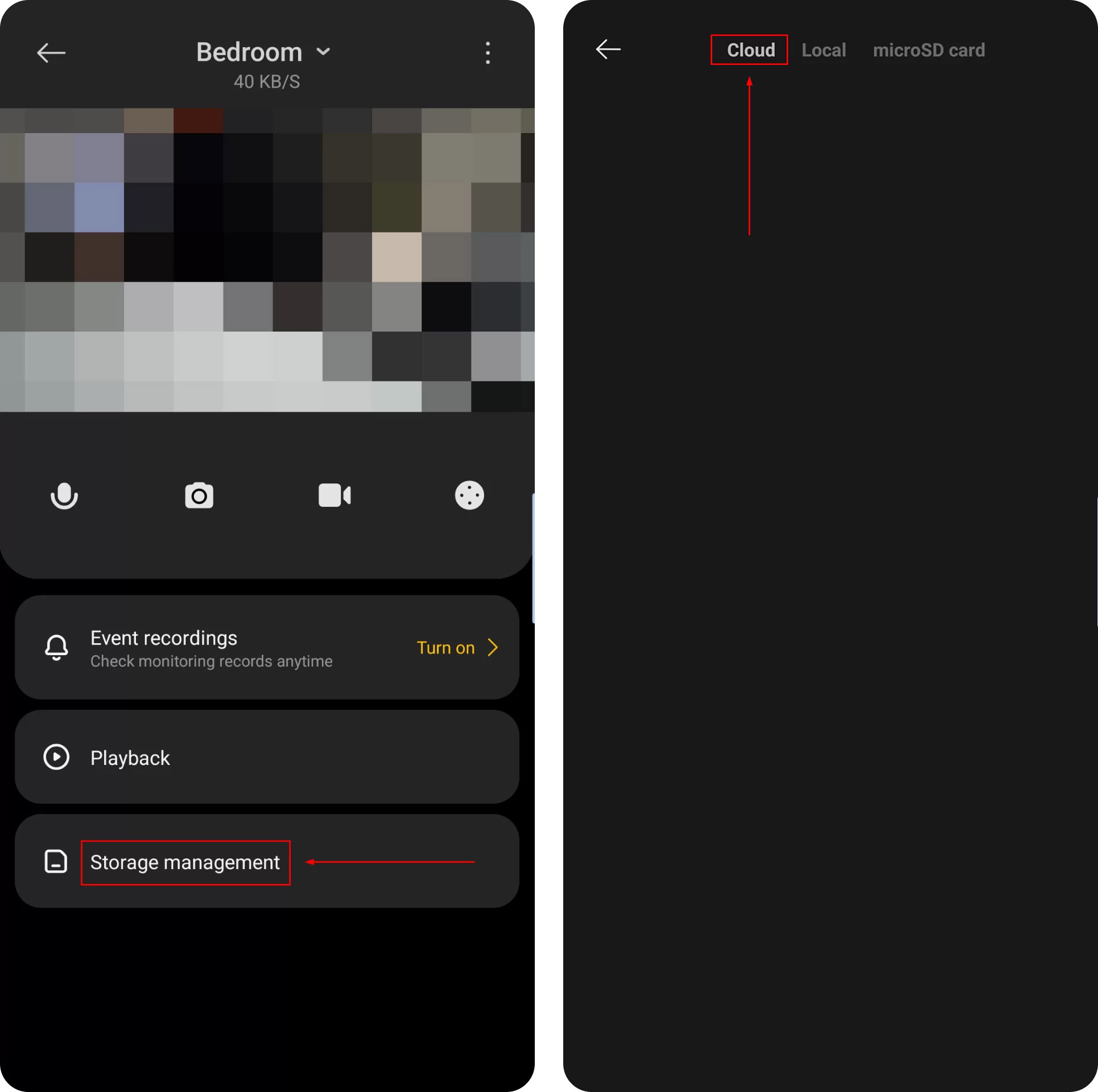 The Cloud tab showing the stored camera footage.